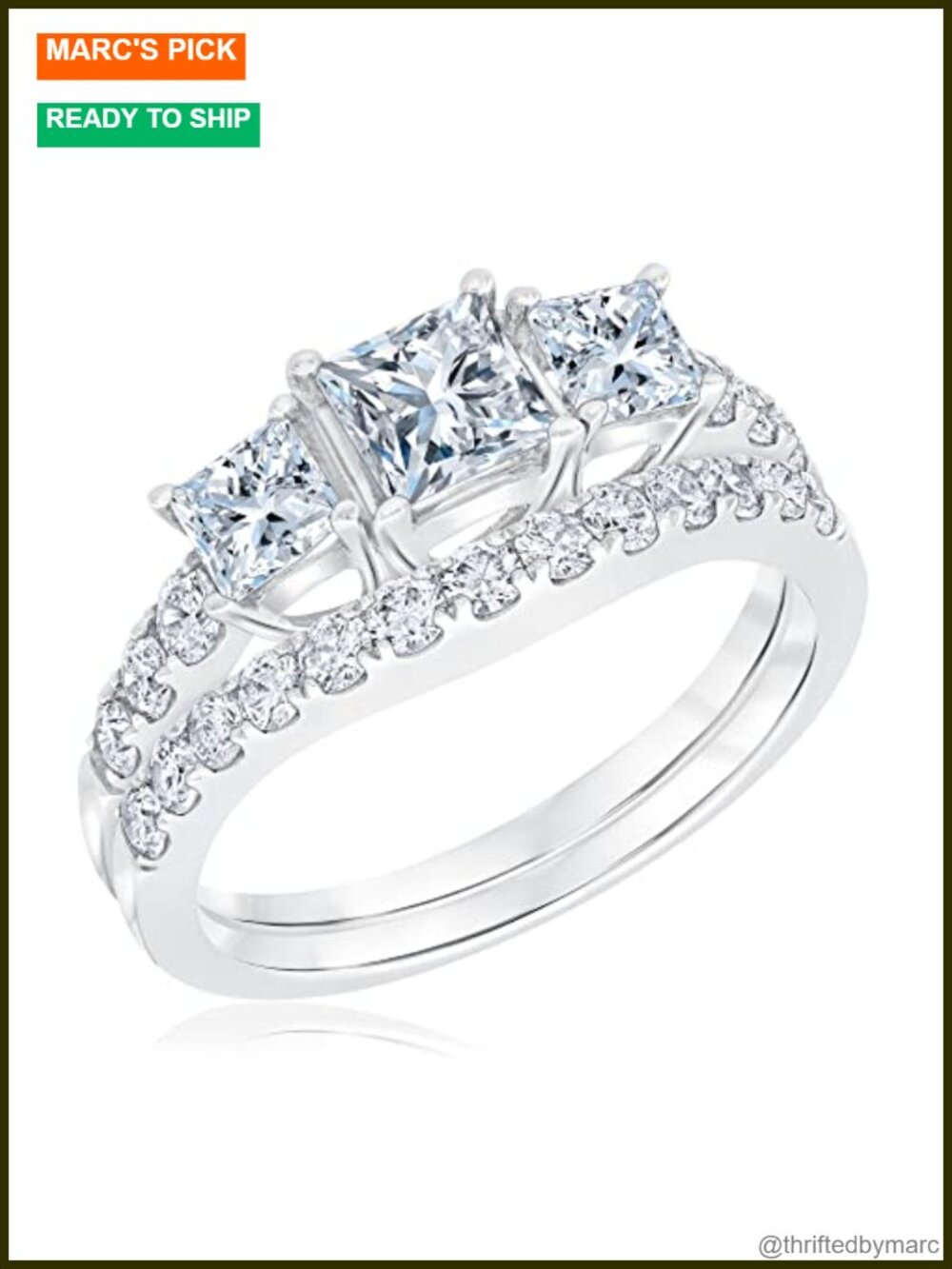 2 Carat 3 Stone Princess Cut Moissanite Bridal Set Platinum Plated Silver